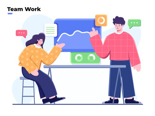 Flat illustration Business Team discussion, team discussing ideas, Presentation and discussion of the project, Business marketing with data analytic discussion, people talking conference meeting room