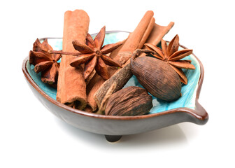 Various seasonings on white background 