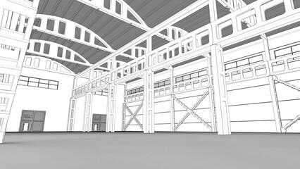 3D render of an industrial building as a sketch
