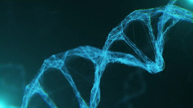 Close-up Blue Molecules Structure DNA Rotating on Glowing Backdrop. Bright 3D Animation of Biotech DNA Model Rotation. Hologram of Genome Information Deoxyribonucleic Acid Body. Microscopic Concept 4k