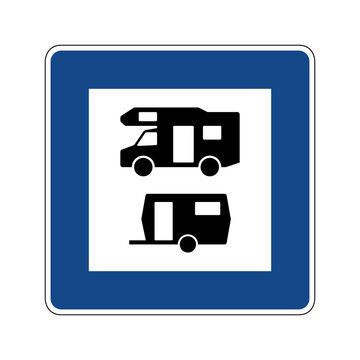 Campsite road sign. Vector illustration of blue traffic sign with camper and caravan icon inside. Caravan motorhome parking symbol on blue board isolated on white background. Travel, tourism concept.