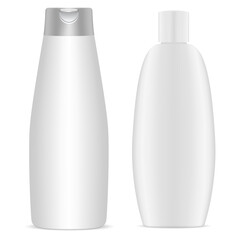 Shampoo bottle. White plastic cosmetic bottles blank, 3d mockup template. Body gel package collection. Round packaging for bath product. Milk or soap container, health and hygiene