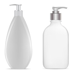 Pump bottle. Vector dispenser bottle mockup. White plastic hand lotion bottles, pet template. Gel or shampoo packaging blank with pump dispenser. Realistic hair moisturizer can design