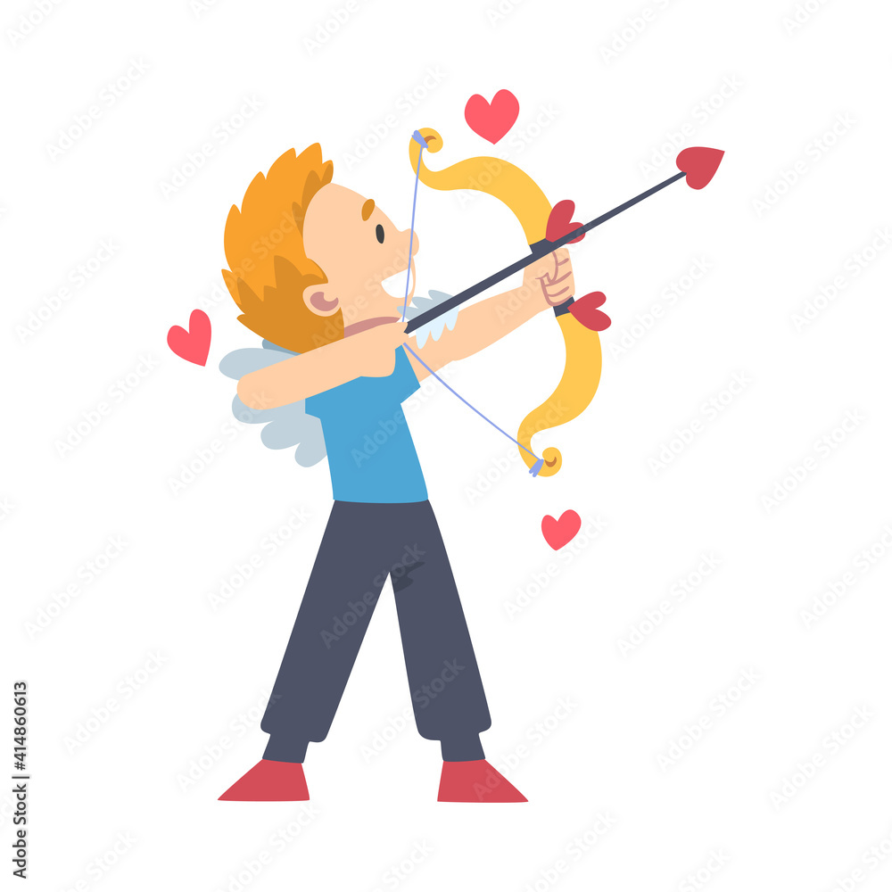 Poster cute funny cupid boy, adorable joyful kid angel cherub shooting with bow cartoon style vector illust