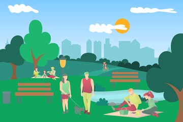 People leisure activity in urban park. People having family picnic, riding bike, walking with dog, relaxing in nature in beautiful summer landscape cartoon vector illustration