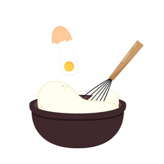 Beater whisk vector. Beater whisk on white background. Sticky flour. Flour stretch. Flour and Egg in bowl.