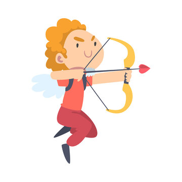 Cute Happy Cupid Boy Shooting with Bow, Joyful Flying Kid Angel Dressed Red Casual Clothes Cartoon Style Vector Illustration