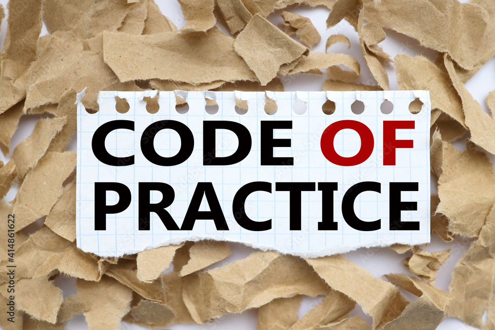 Poster code of practice. time to act. subscribe now. text on white paper over torn paper background.