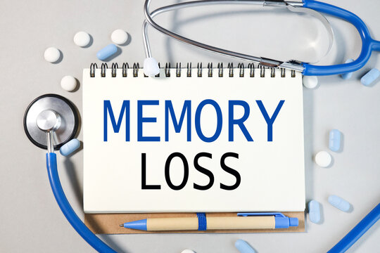 MAMORY LOSS. words written on a BLUE BACKGROUND, with a stethoscope in the background