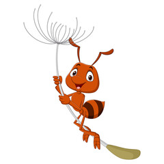 Cute ant cartoon flying with dandelion