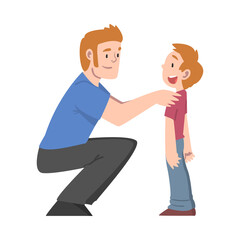 Loving Dad Hugging his Little Son, Fatherhood Concept Cartoon Style Vector Illustration