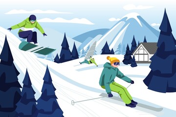 People skiing and snowboarding in ski resort. Skier and snowboarder riding down snowy hill. Sports persons having fun in winter holidays on beautiful winter landscape cartoon vector illustration