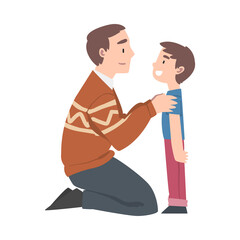 Loving Dad Hugging his Little Son with Tenderness, Fatherhood Concept Cartoon Style Vector Illustration