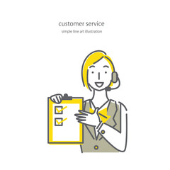 コールセンターのオペレーターの女性スタッフのシンプルでおしゃれな線画イラスト素材　チェックリスト
