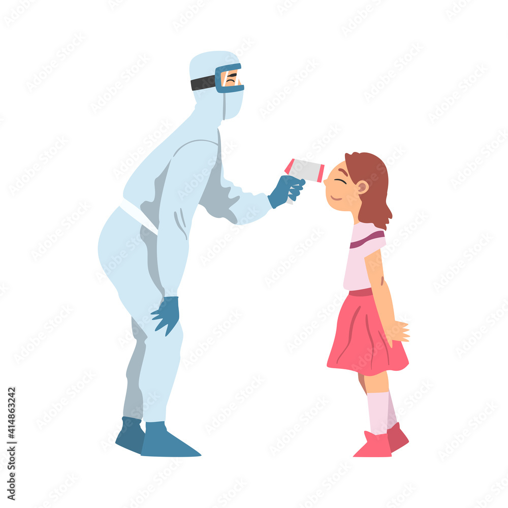 Sticker Doctor Measuring Temperature of Little Girl Using Body Temperature Scanner, Medical Professional Checking Temperature to Scrub Coronavirus Infection Cartoon Vector Illustration