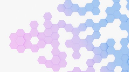 3D Render soft pink and blue hexagon pattern on white background.
