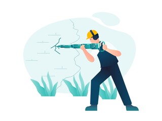 Illustration Vector Graphic of Fixing Service, A handyman is drilling the wall to start the repairs, this illustration perfect for website, landing page, app, and banner