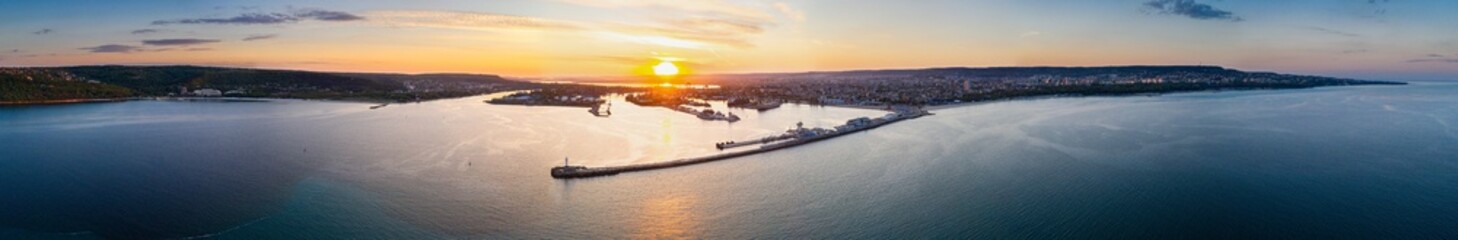 Sunset aerial of the port of Varna in Bulgaria