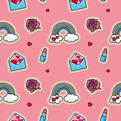 Valentine's pattern, seamless texture with stickers, wallpaper 