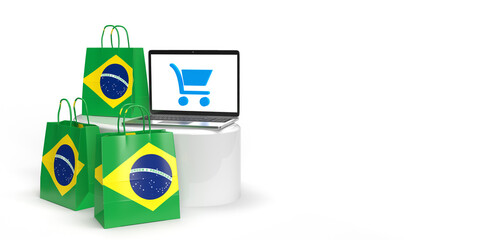 Global eCommerce, online trade and consume concept: Three 3D rendered bags with the Brazil flag standing around a podium with a laptop with shopping basket on screen. White background with copy space
