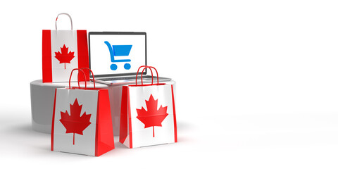 Global eCommerce, online trade and consume concept: Three 3D rendered bags with Canadian flag standing around a podium with a laptop with shopping basket on screen. White background with copy space