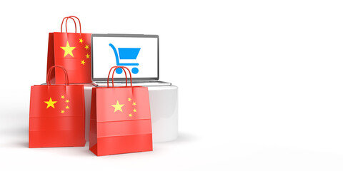 Global eCommerce, online trade and consume concept: Three 3D rendered bags with Chinese flag standing around a podium with a laptop with shopping basket on screen. White background with copy space