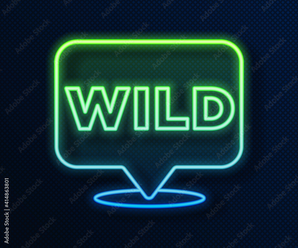 Poster glowing neon line pointer to wild west icon isolated on blue background. western signboard, message 