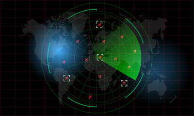 Radar Monitor. Air Traffic Control Radar screen and plane that is flying in the screen. background is a world map. Vector illustration eps10