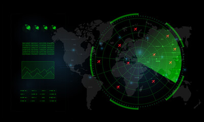 Radar Monitor. Air Traffic Control Radar screen and plane that is flying in the screen. background is a world map. Vector illustration eps10