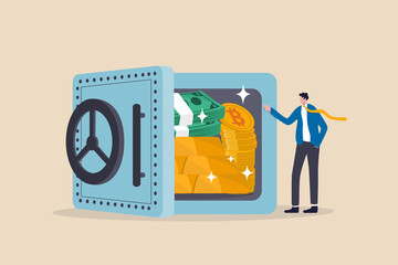 Alternative financial assets, crypto currency bitcoin, cash and gold for investment retirement plan concept, businessman investor standing with security safe with full of cash, gold and bitcoin inside