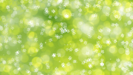 Spring green 3d background with blurred particles and flying flowers