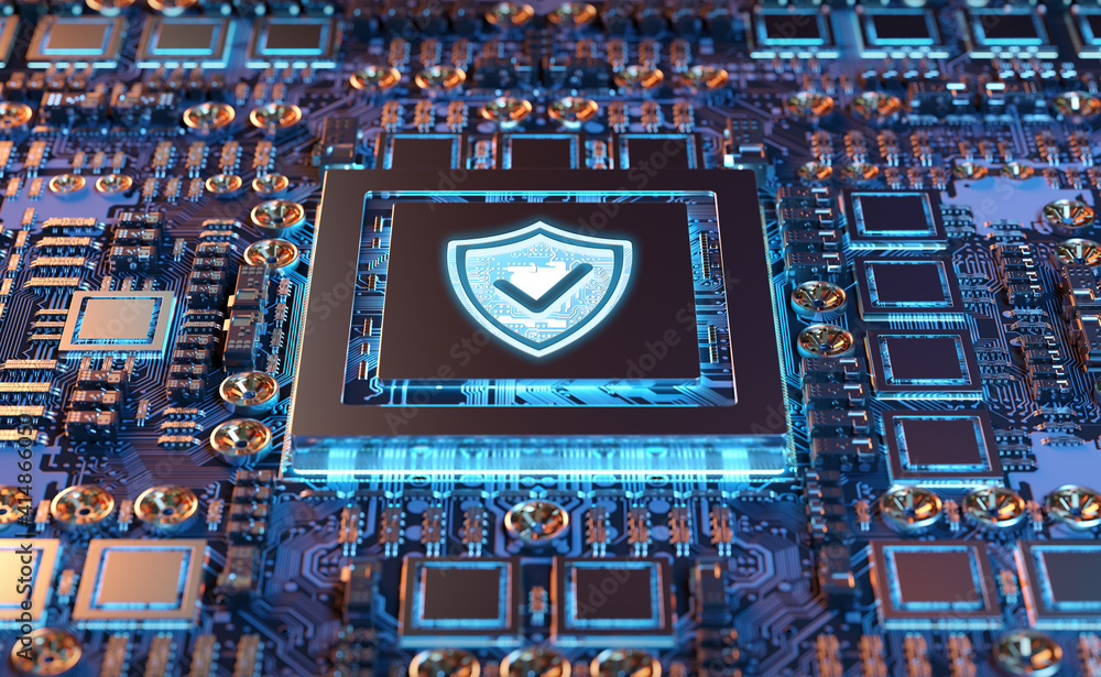 Fototapete close-up view of a modern gpu card with shield protection 3d rendering