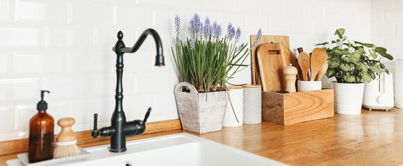 Blue muscari flower on white modern kitchen scandinavian style.