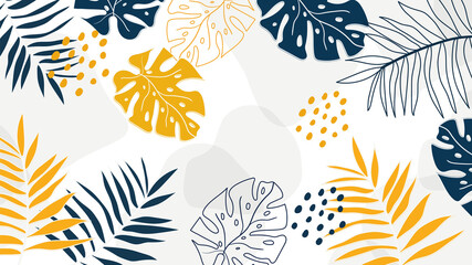 Summer tropical leaves background vector. Palm leaves, monstera leaf, Botanical wallpaper design for wall framed prints, canvas prints, poster, wall art for home decor, cover and invitation. © TWINS DESIGN STUDIO