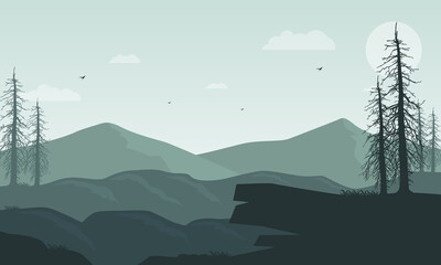 Morning view with stunning silhouettes of mountains and cypress trees. Vector illustration