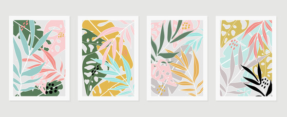 Fototapeta na wymiar Botanical wall art vector set. Earth tone background foliage line art drawing with abstract shape and watercolor. Design for wall framed prints, canvas prints, poster, home decor, cover, wallpaper