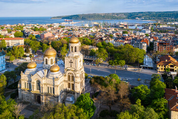 Aerial view of the Dormition of the Theotokos Cathedral in Varna, Bulgaria - obrazy, fototapety, plakaty
