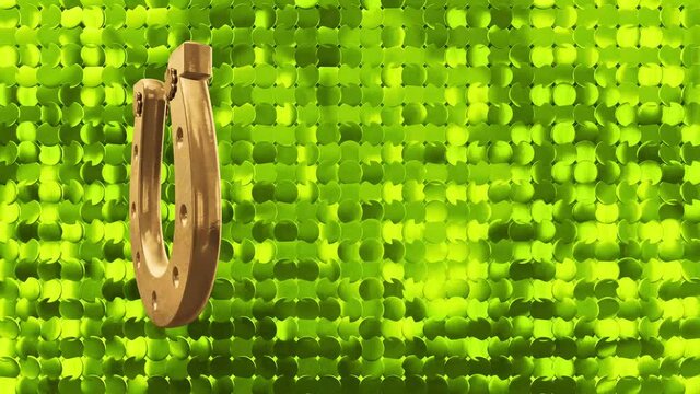 4K St. Patrick's Day symbols Horseshoe gold background.Shamrock luck. Patrick Day coins with shamrock leaf. Patrick Day pub party.