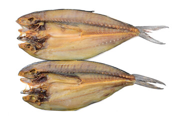 Dried salted fishes on white background