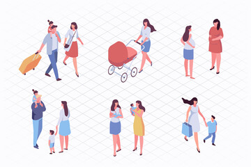Parents with children isometric people vector set isolated on white background. Happy family with kids together, mother with pram. Parenting. Mother care.