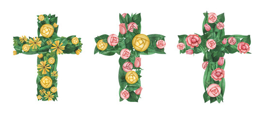 Beautiful watercolor floral crosses set for Easter, first communion, baby shower, kid birth ,decoration invitations, shops, showcase, postcards. Spring roses, gerbera, daisies bud.