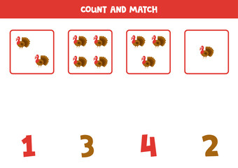 Counting game with cartoon turkeys. Math worksheet.