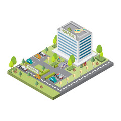 Hospital building. Healthcare and medical concept in isometric design. Vector illustration.