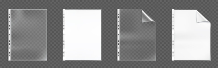 Plastic punched pockets, empty folders with folded corner and holes, bags with white blank sheets isolated on transparent background. Waterproof envelope for documents, Realistic 3d vector mock up set