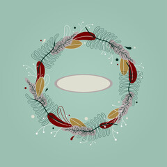 bright wreath, on a blue background, with a place for an inscription, Floral motifs, plants, calm colors