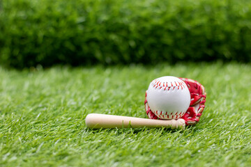 Baseball is on green grass