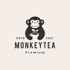 monkey tea hipster vintage logo vector icon illustration