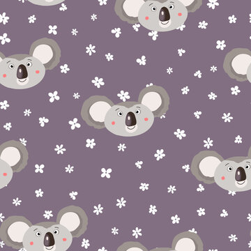 Seamless pattern with cute koala baby and flowers on white background. Funny australian animals. Card, postcards for kids. Flat vector illustration for fabric, textile, wallpaper, poster, paper