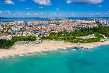 Aerial view of the main beach of the bulgarian town Bourgas - obrazy, fototapety, plakaty