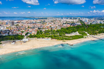 Aerial view of the main beach of the bulgarian town Bourgas